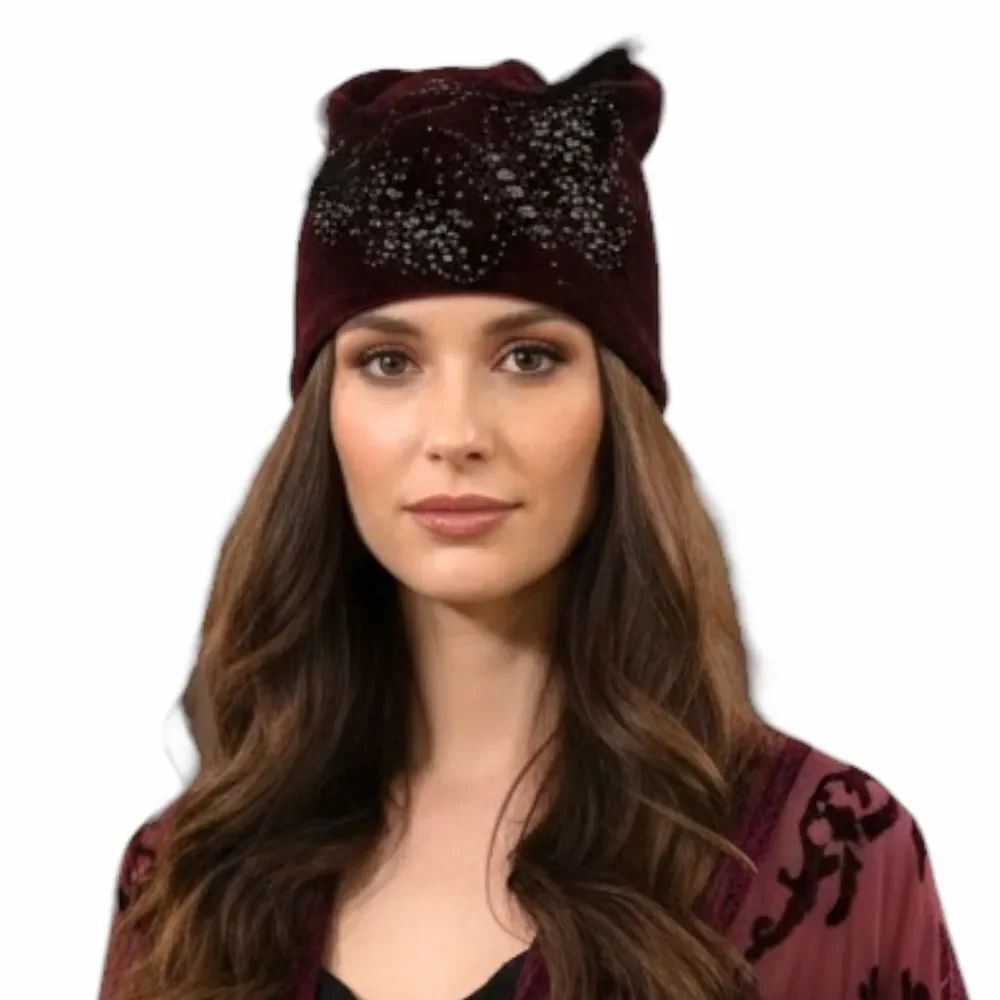 Burgundy Red Sparkly Beaded Fitted Winter Velvet Beanie - NEW